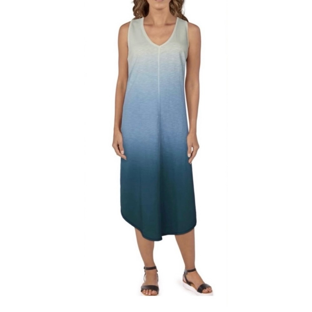 Natural Reflections Womens Small Dip-Dye Midi Dress Blue Ombre 100% Cotton